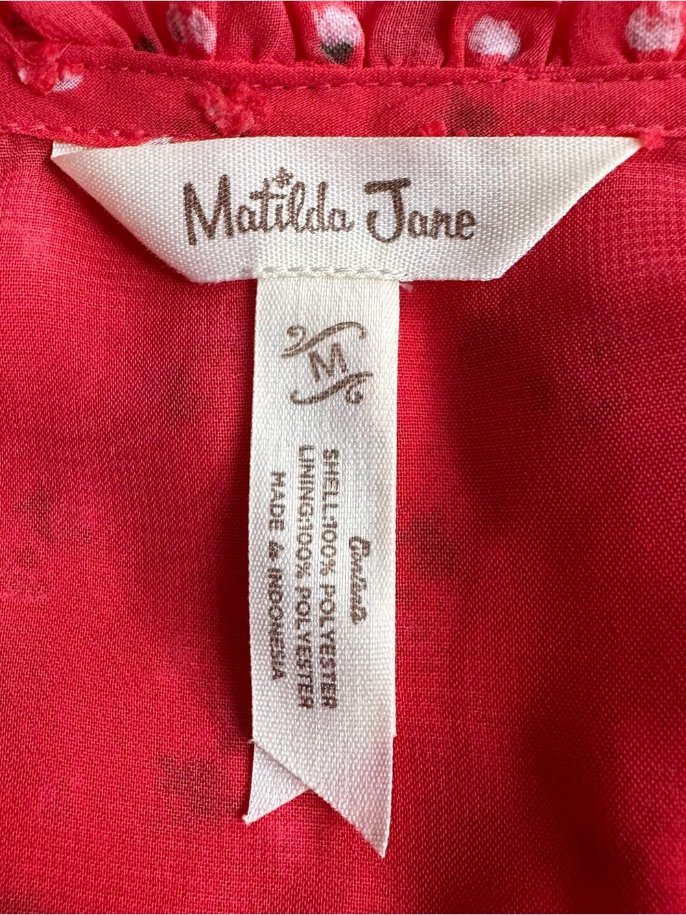 Matilda Jane Women's Coral Pink Floral Swiss Dot V-Neck Peplum Blouse Medium EUC - Picture 6 of 6
